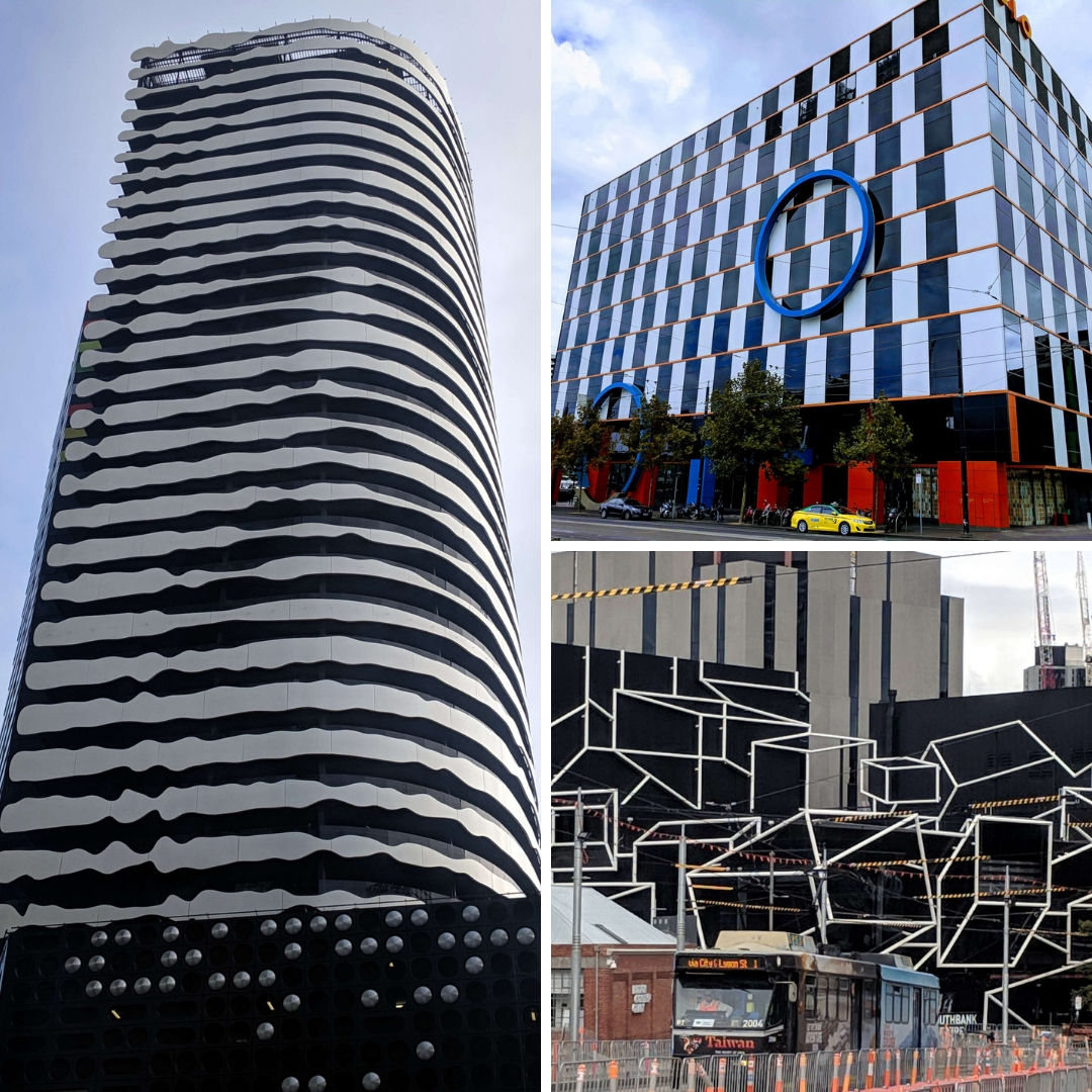 Optical Illusion Architecture in Melbourne. Barak Building, 1010 La Trobe Street and the MTC Southbank theatre.