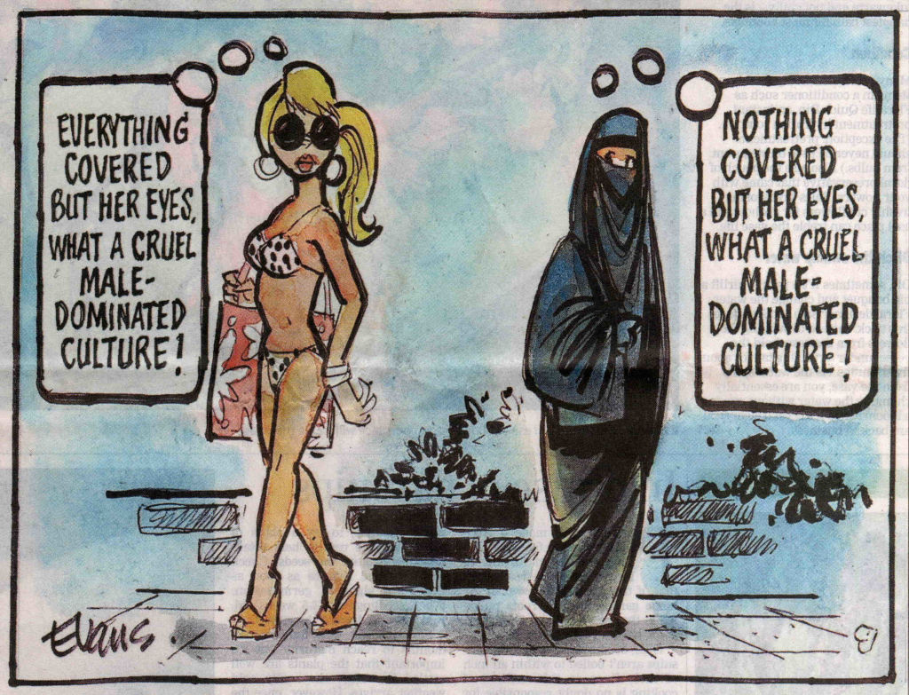 Example of ethical relativism concerning how women ought to dress (Cartoon by Malcolm Evans)